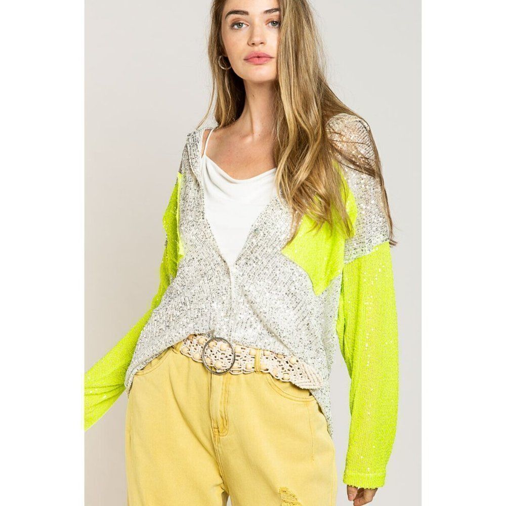 POL CLOTHING Colorblock Sequin Button up Top Beach Cover Up Sparkly Neon SMT2041